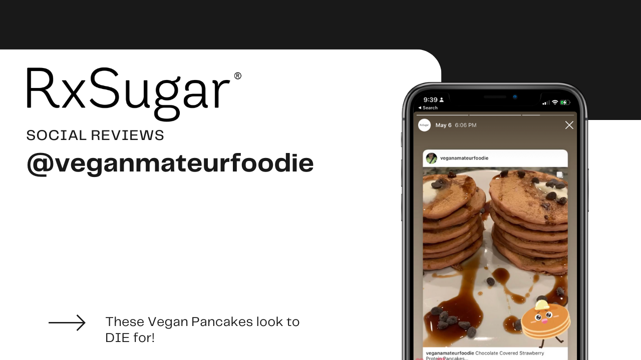 Rx Sugar Logo. image of Vegan Pancakes doused in delicious RxSugar Syrup on an iphone. Image by Vegan mature foodie on instagram