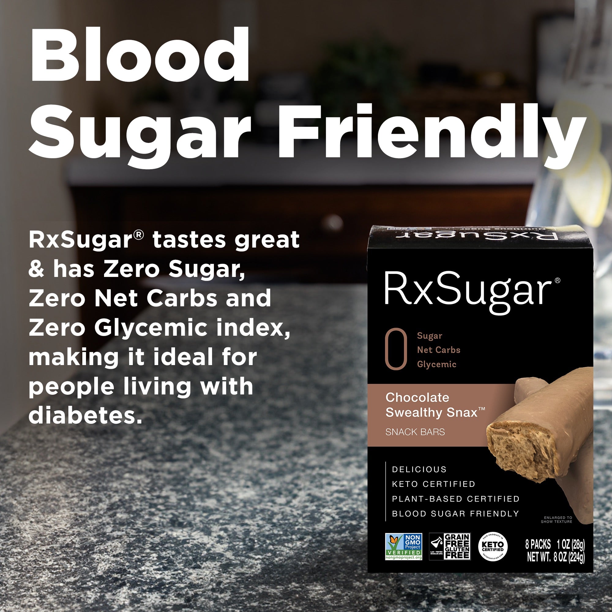RxSugar Swealthy Snax - Chocolate - Blood Sugar Friendly zero sugar and zero net carbs on countertop