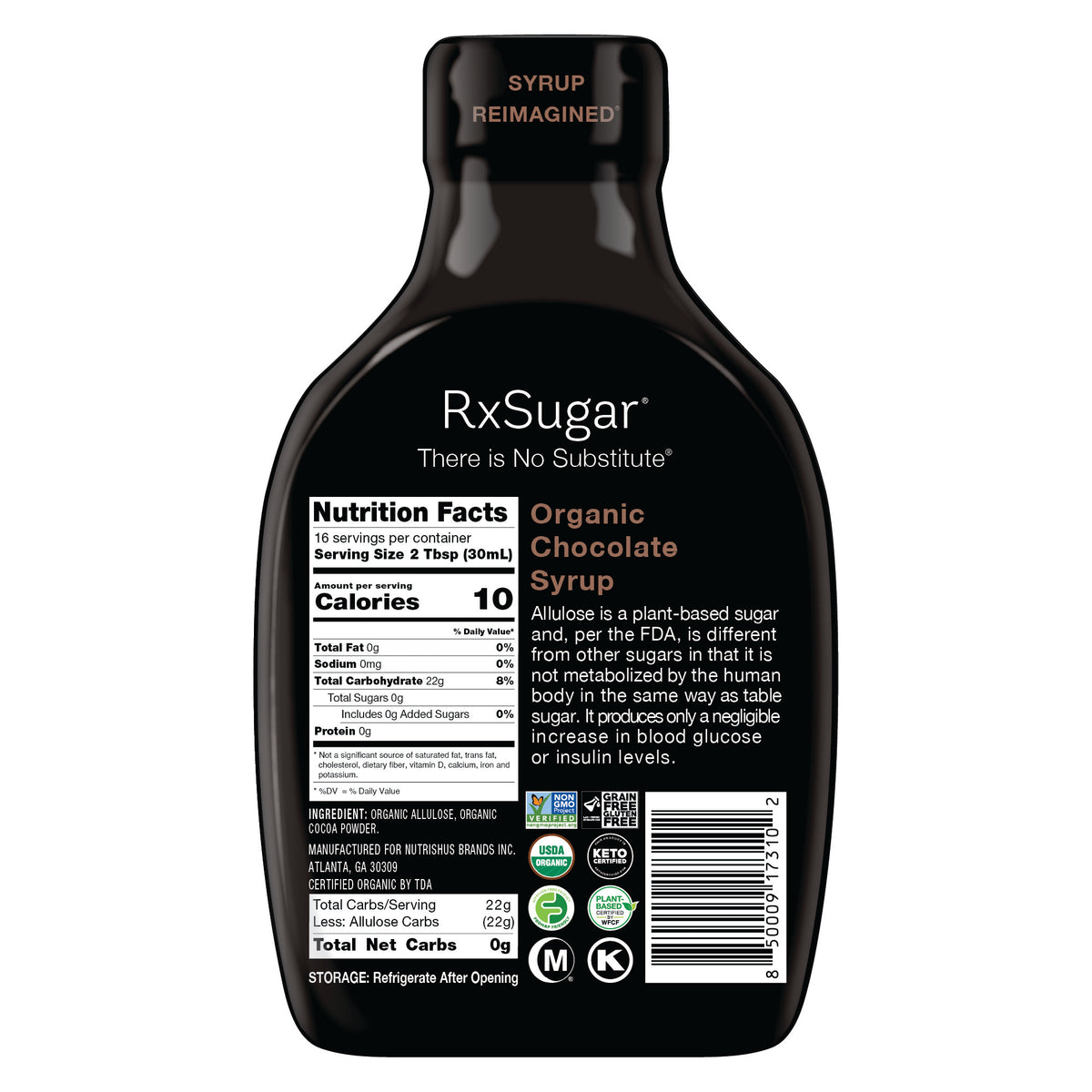RxSugar Organic Chocolate Syrup back of Bottle