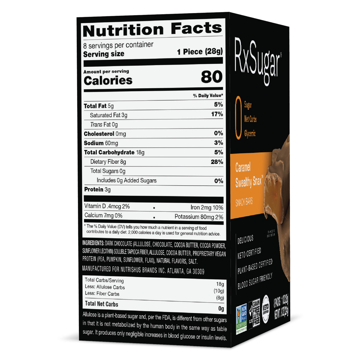 RxSugar Caramel Swealthy Snax Nutrition Facts Panel on Carton