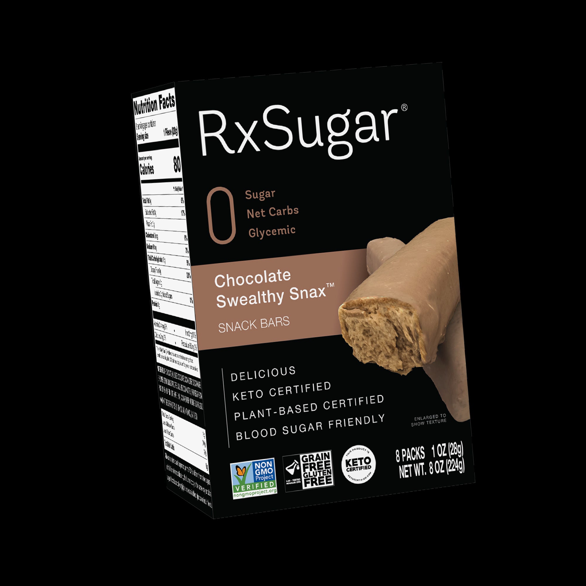 RxSugar Swealthy Snax Chocolate Candy Bar Carton diabetes sugar free candy made with allulose on a black background
