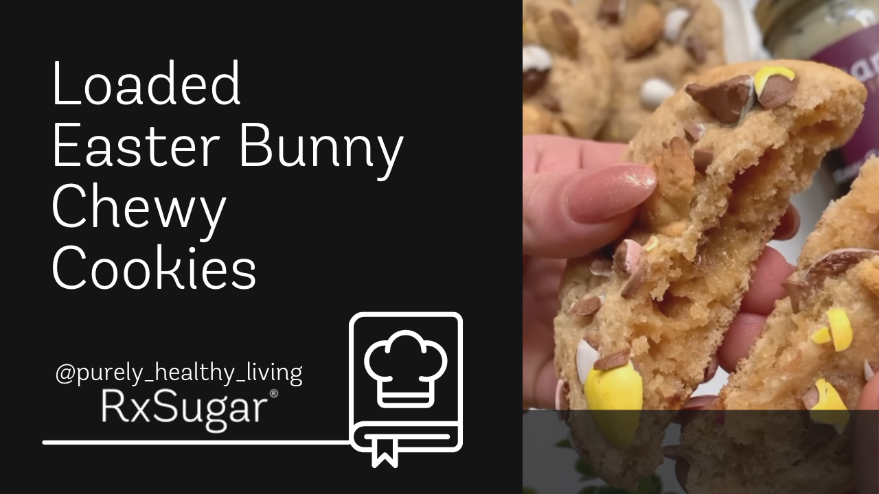 Loaded Easter Bunny Chewy Cookies by purely healthy living on Instagram. RxSugar Logo. Photo of Easter Bunny Chewy Cookies.