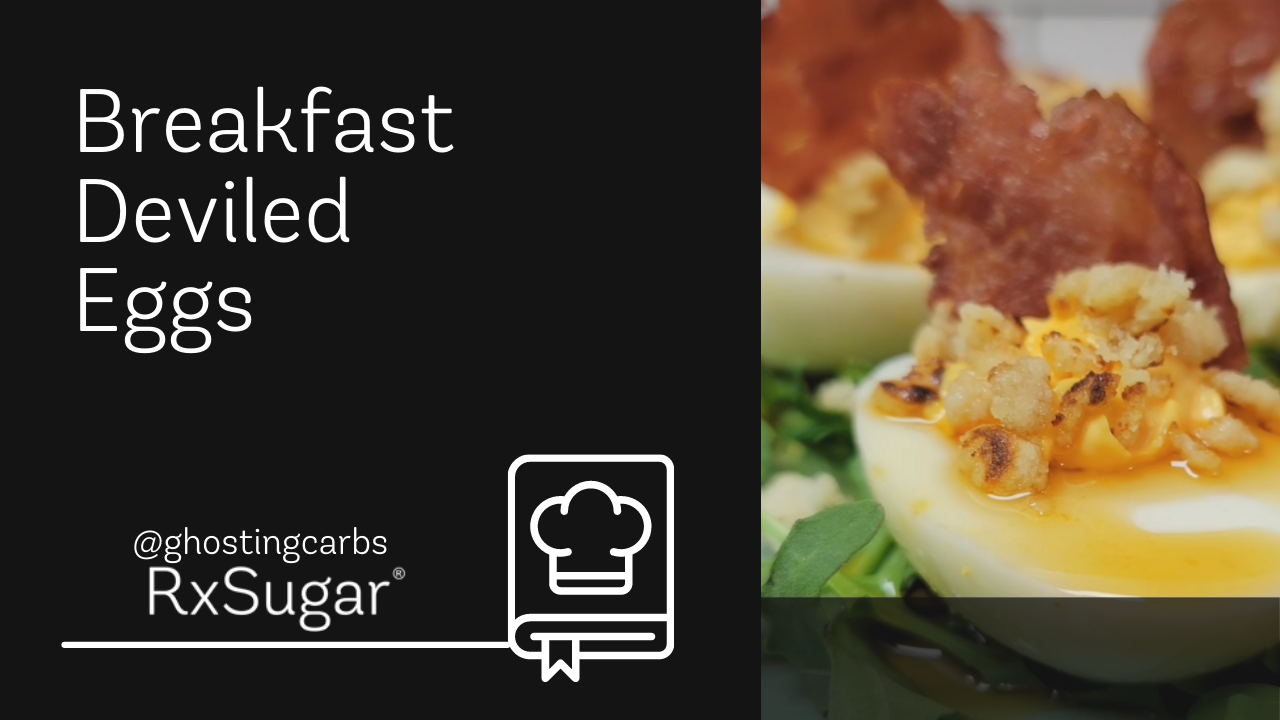 Breakfast Deviled Eggs by Ghosting Carbs on Instagram. RxSugar Logo. Photo of Deviled Eggs with Bacon Garnish