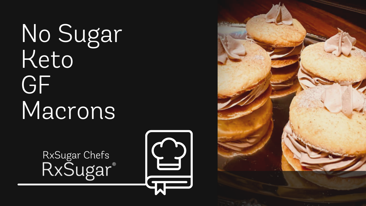 No Sugar Keto Gluten Free Macarons. RxSugar Logo. Photo of Macarons with creamy Dollops of Frosting