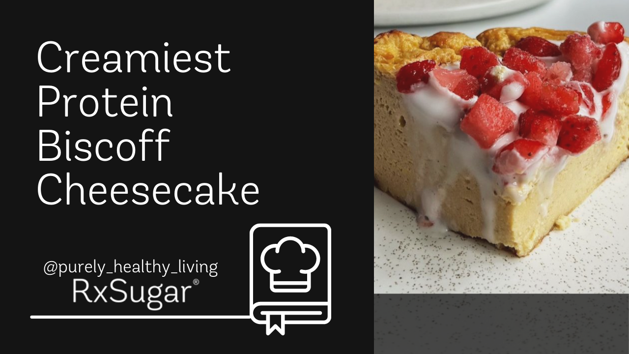 Biscoff Cheesecake by purely healthy living on Instagram. RxSugar Logo. Photo of cheesecake topped with Berry Garnish