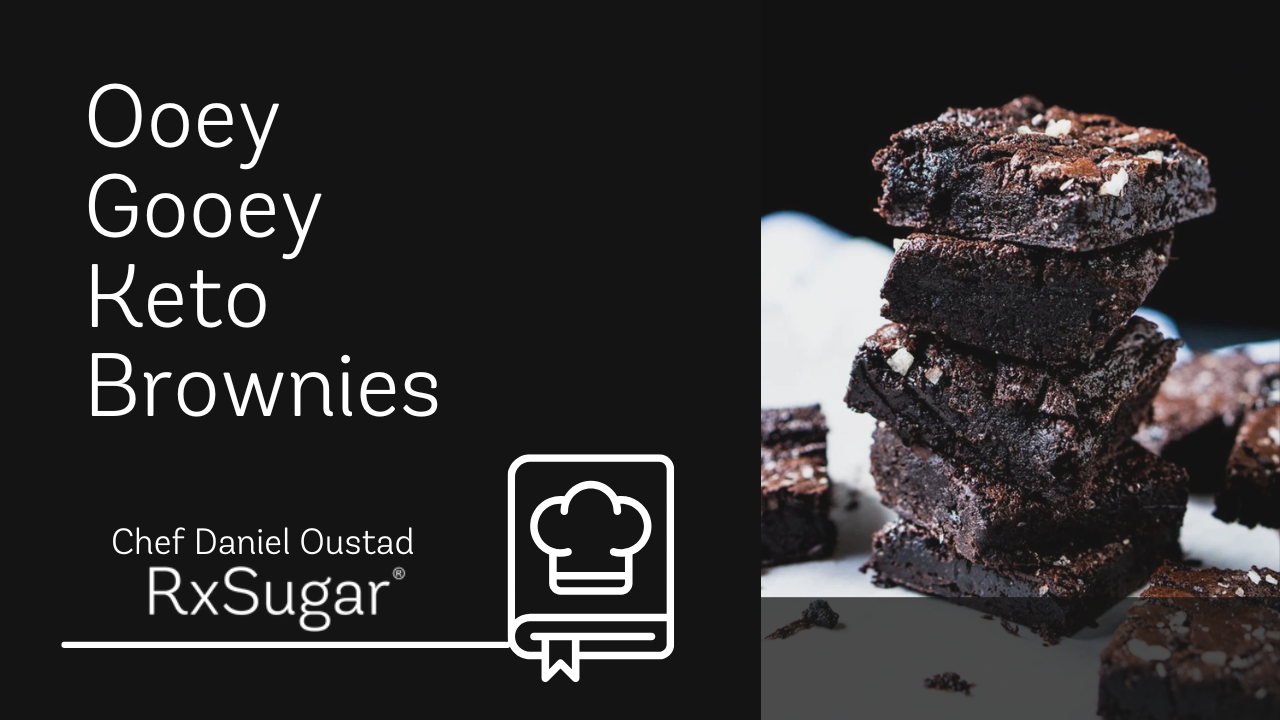 Gooey Keto Brownies by Daniel Oustad. RxSugar logo and photo of Brownies