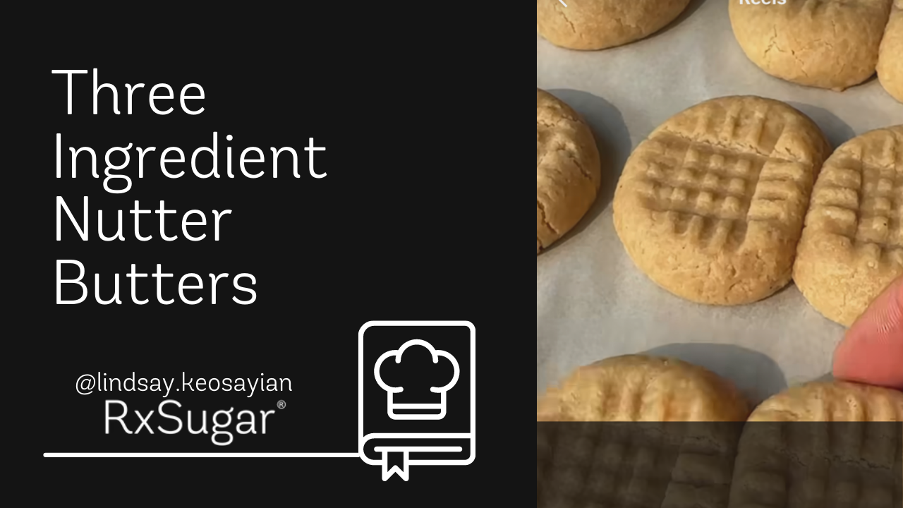 Three Ingredient Nutter Butters by Lindsay. RxSugar logo, and a cookbook and chef hat icon. Photo of homemade nutter butters using RxSugar