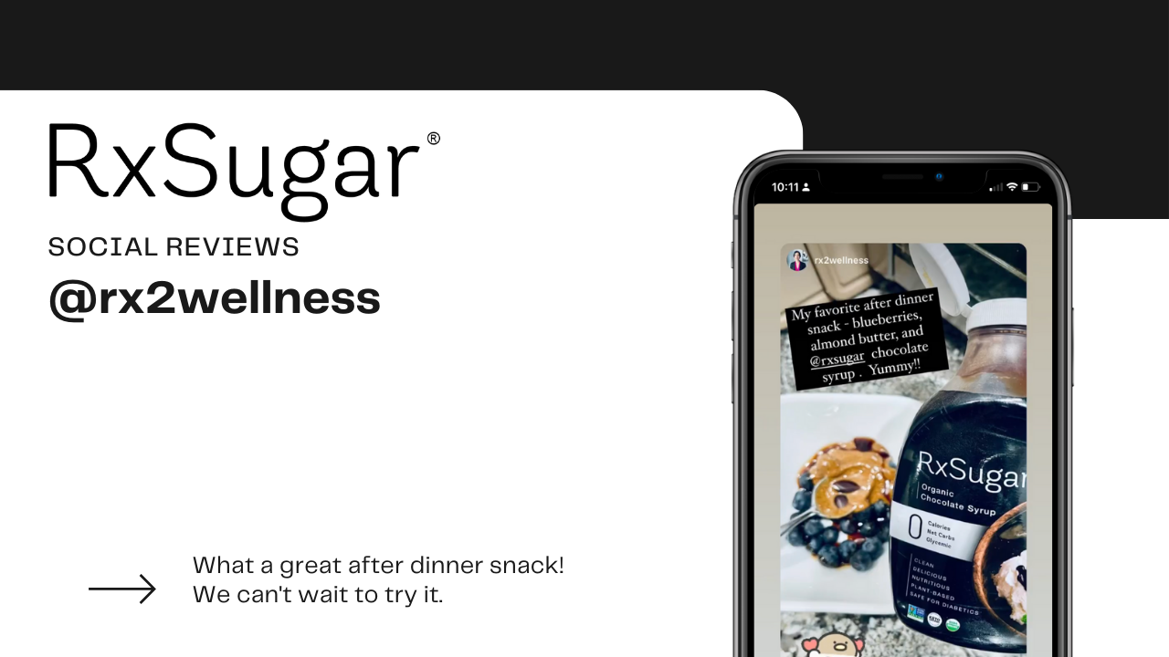 RxSugar Logo. A social review on RxSugar syrup. An after dinner snack by rx2wellness on Instagram.
