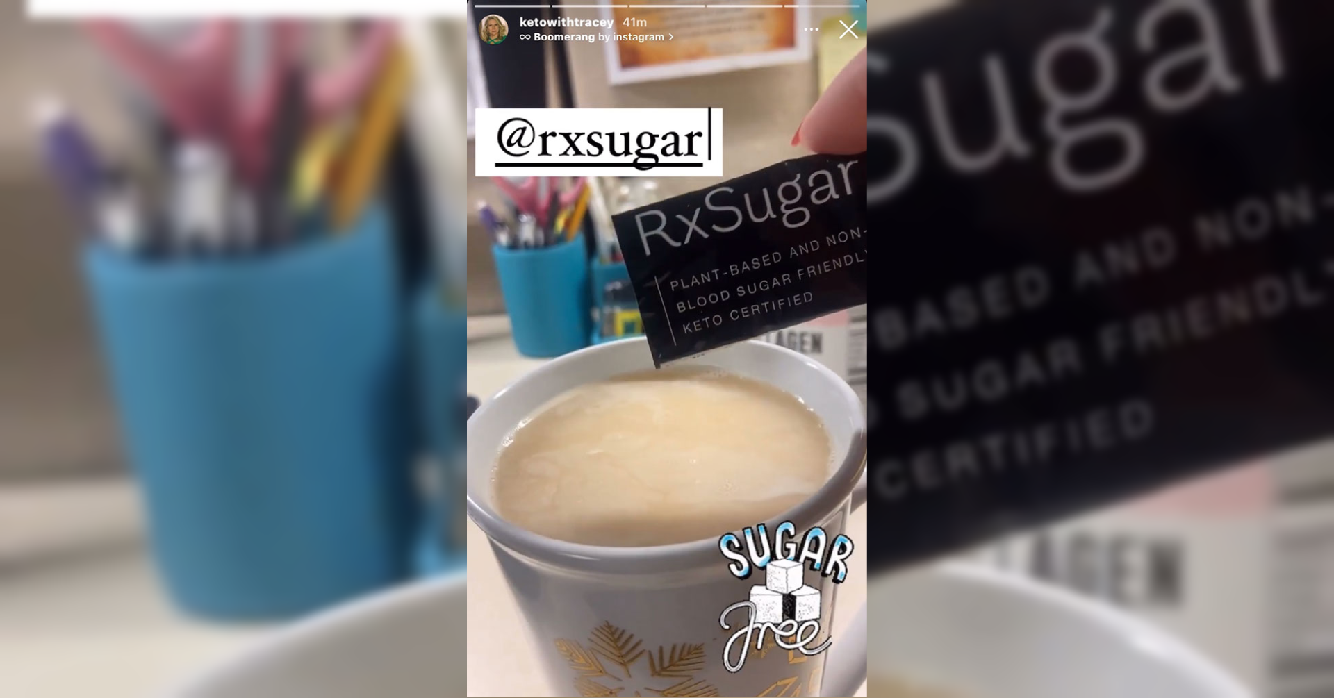 KetoWithTracey Loving Her RxSugar Stick Pack In Her Coffee & Chocolate On Her Ice Cream Sundae
