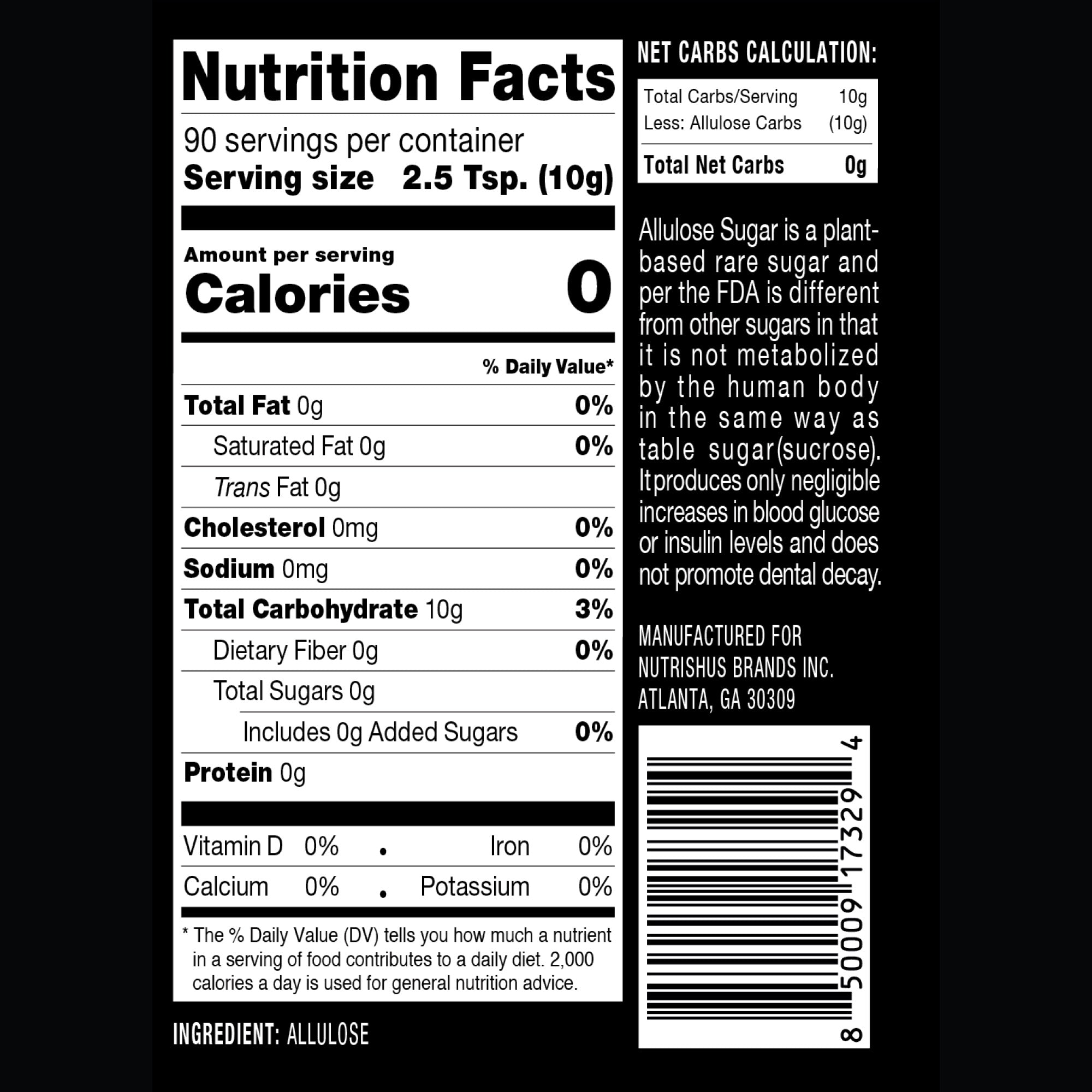 Nutrition Facts for RxSugar 2 Pound Canister product - 90 Servings Per Container