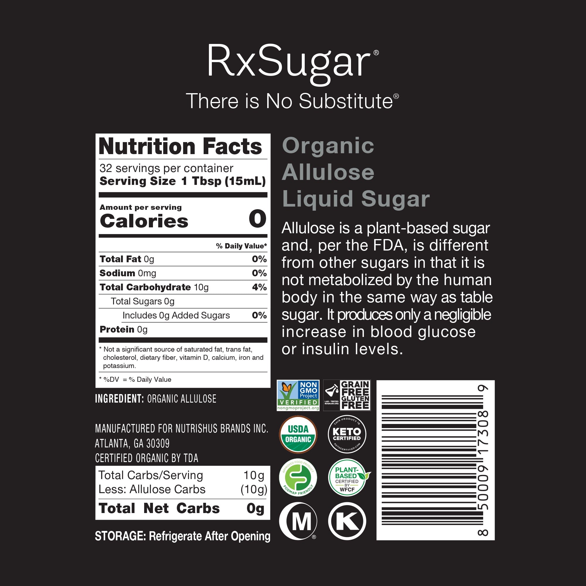 RxSugar Organic Liquid Sugar - Nutrition Facts