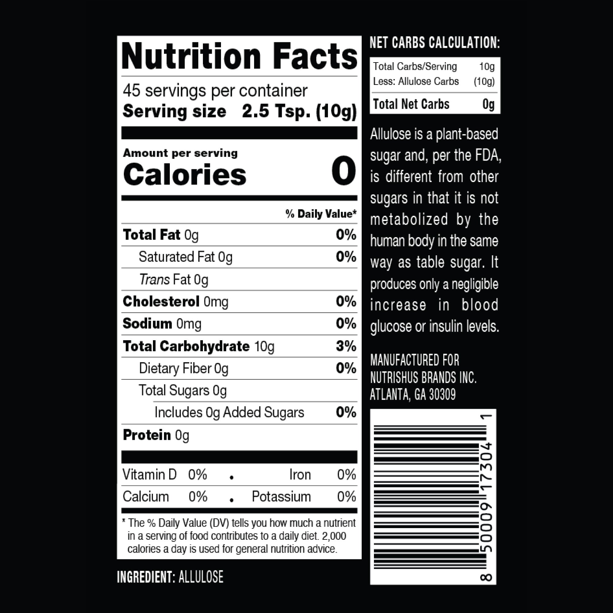 Nutrition Facts for RxSugar 1 Pound Canister product