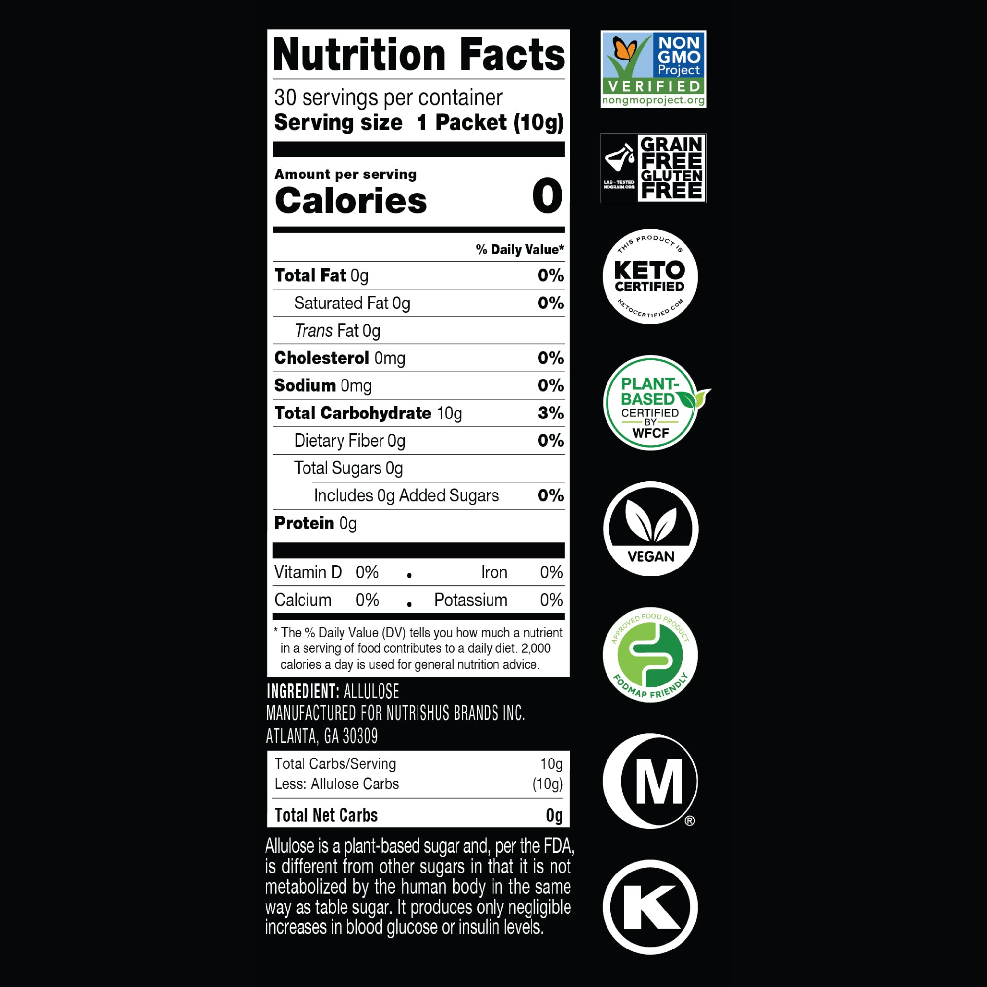 Nutrition facts panel for RxSugar Sticks 10g