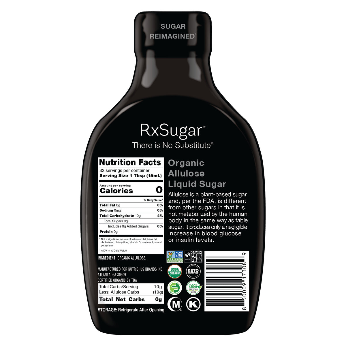 RxSugar Organic Liquid Sugar Bottle Back