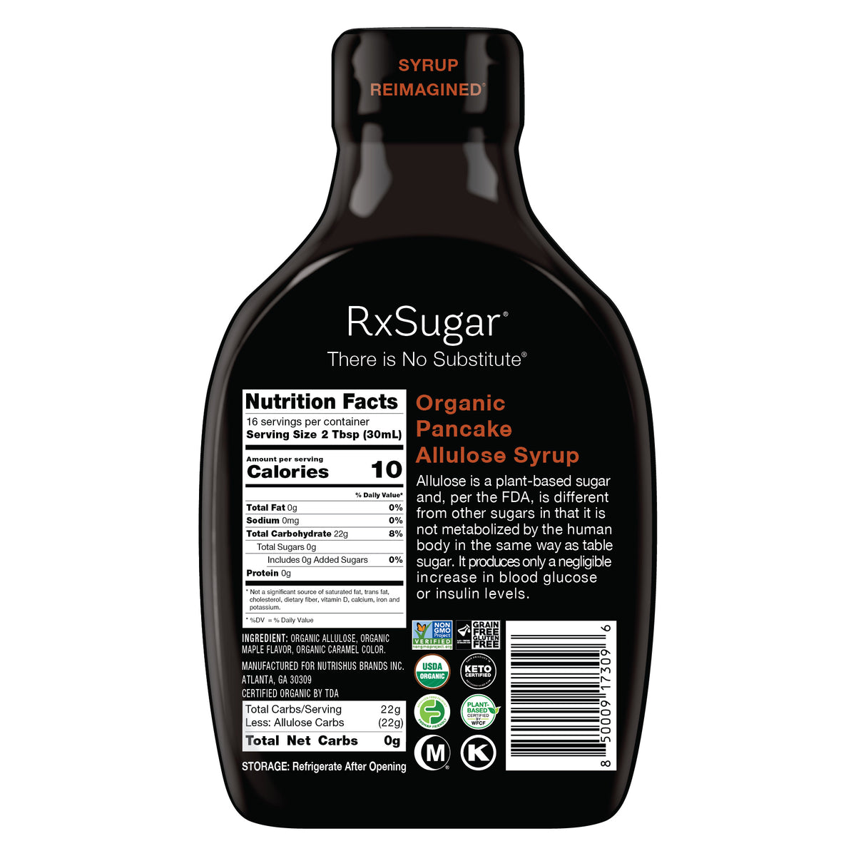 RxSugar Organic Pancake Syrup Bottle back