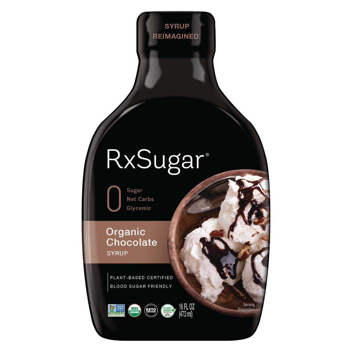 RxSugar Organic Chocolate Syrup Front of Bottle