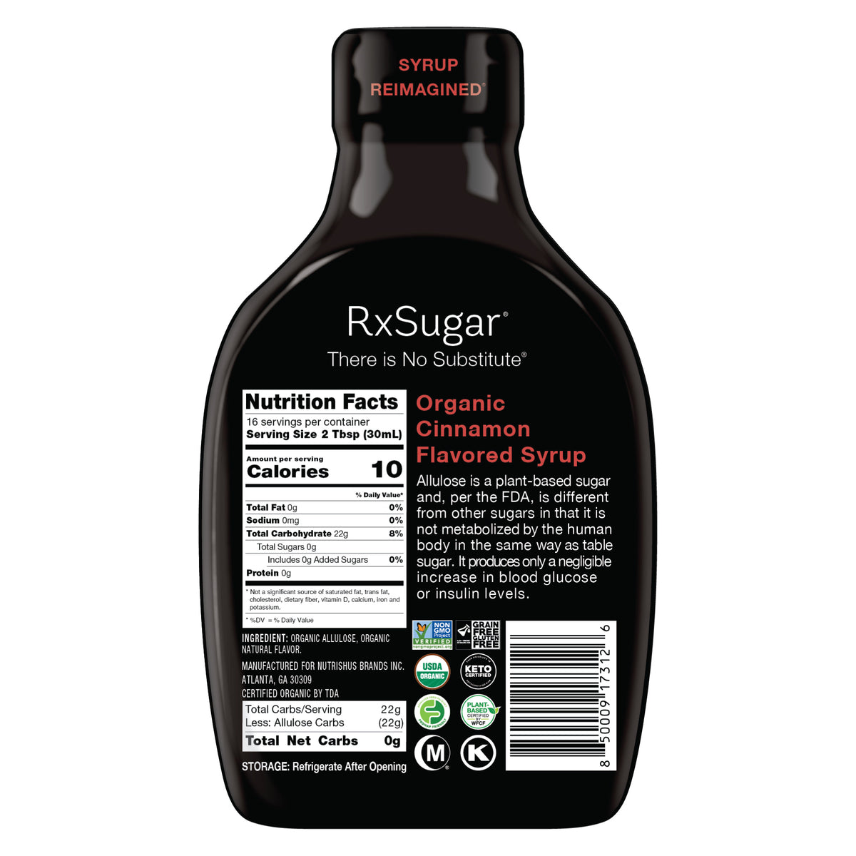 RxSugar Organic Cinnamon Syrup Q3 2023 Back