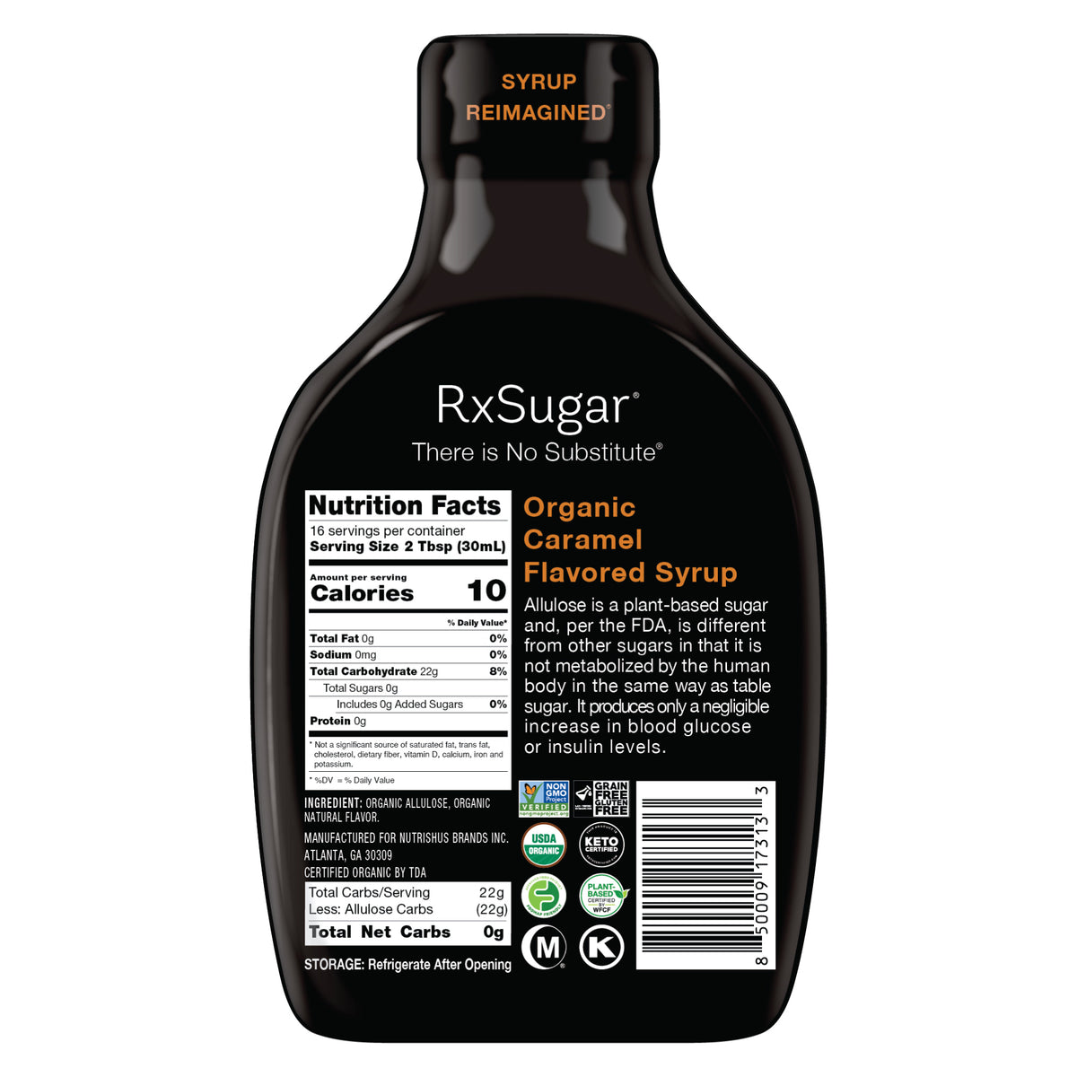 RxSugar Organic Caramel Syrup Back