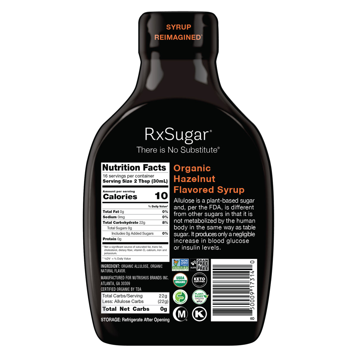 RxSugar Organic Hazelnut Syrup Back
