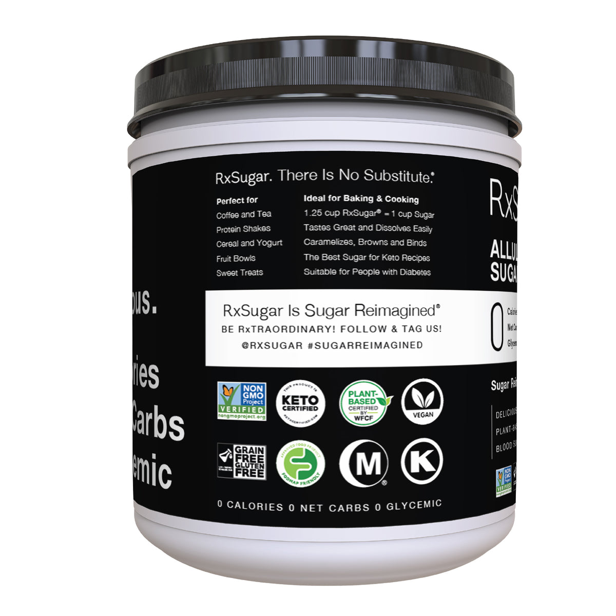 RxSugar Allulose Sugar 2 Pound Canister Side 1 of Package